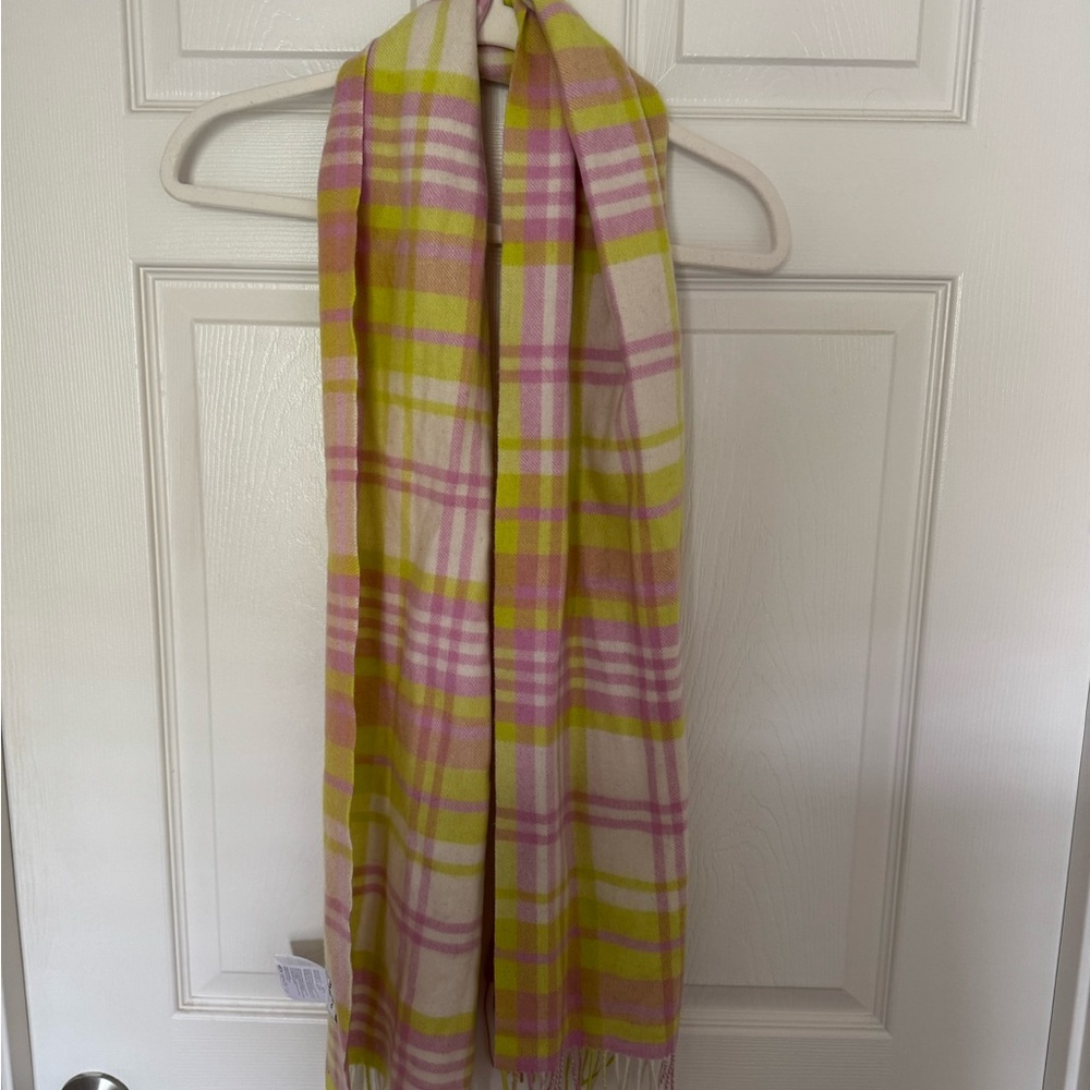 Maeve Plaid Scarf – Pink & Chartreuse with Fringe